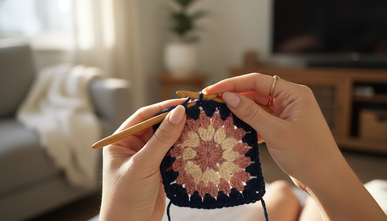 Close-up of hands crocheting the navy blue border of a granny square motif.