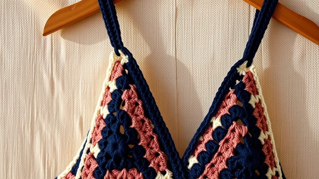 Close-up of the halter neck and plunging V-neckline of the navy and rose crochet dress.