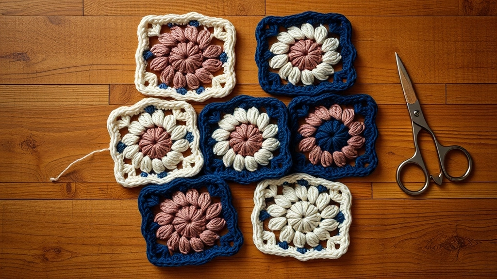 Handmade crochet granny squares arranged in a 45-degree diamond grid pattern on a rustic wooden table.