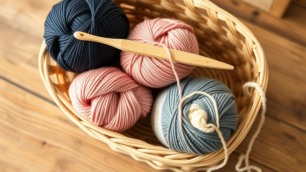 Skeins of organic cotton yarn in deep navy, dusty rose, and cream arranged in a wicker basket.