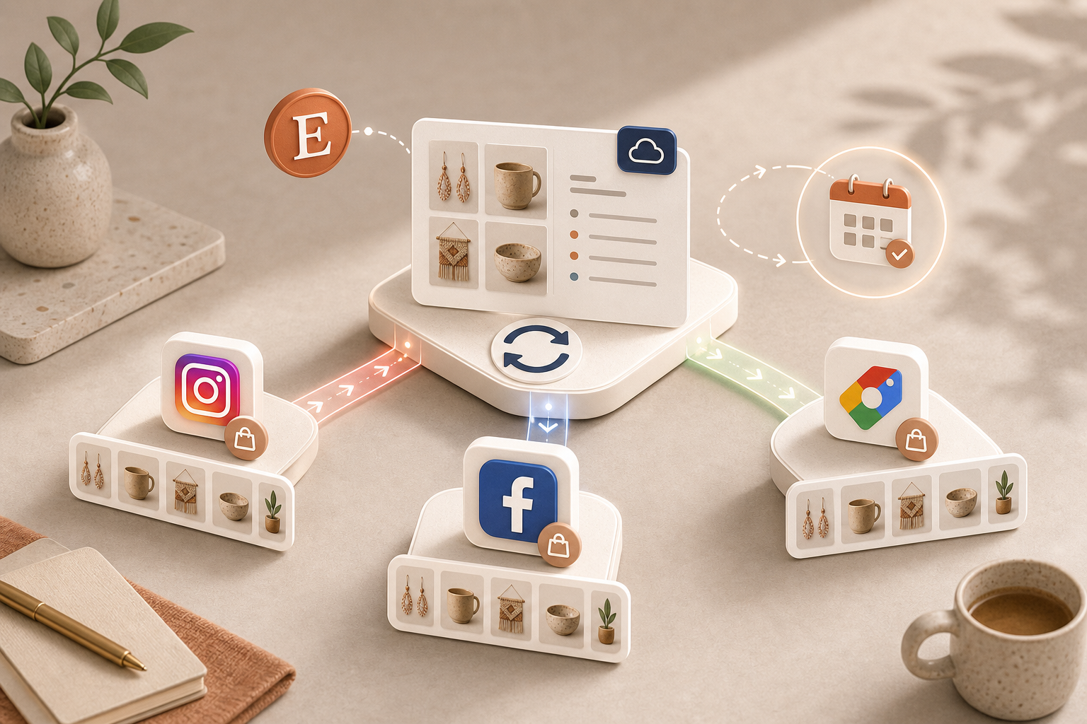 Catalog feed sync diagram for Etsy listings and shopping channels