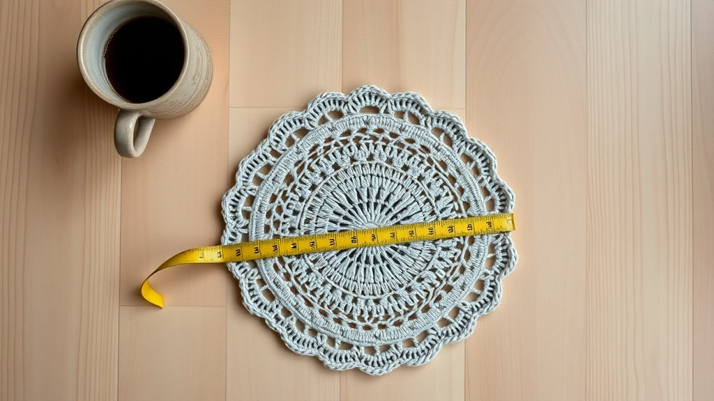 A flat-lay view of a circular crochet mandala being measured with a soft tape measure on a table.