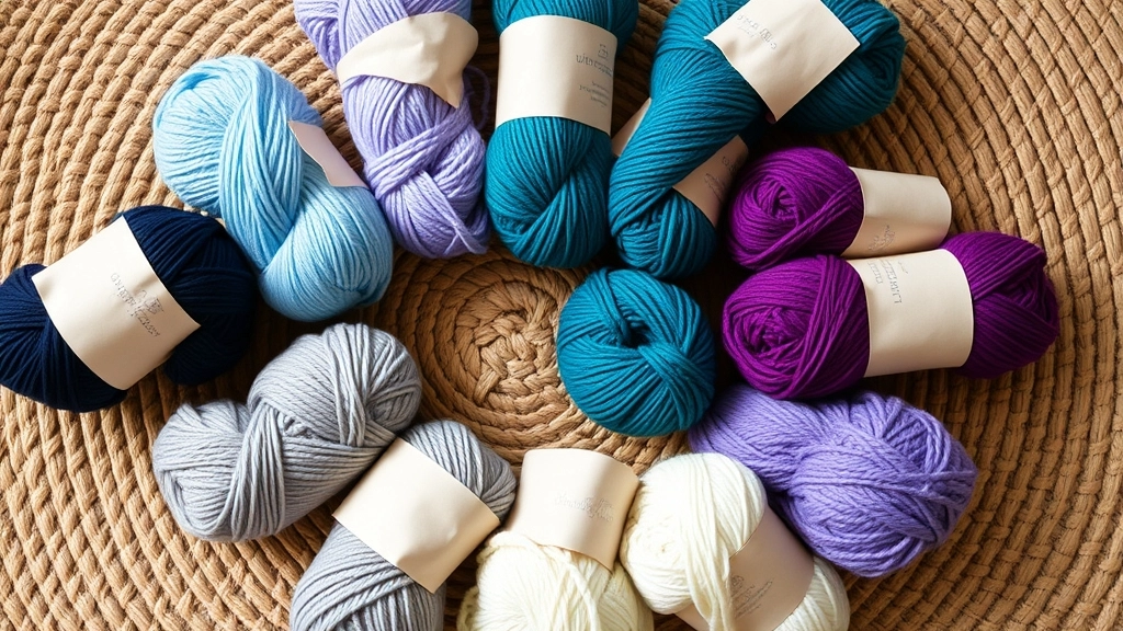 A collection of yarn skeins in navy, light blue, lavender, purple, teal, grey, and cream arranged in a circle.