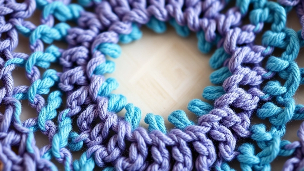 A detailed view of concentric lace rings crochet stitches using purple and teal yarn.
