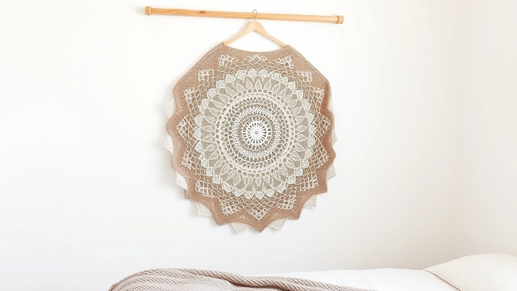 A completed crochet mandala poncho hanging on a bedroom wall as fiber art.