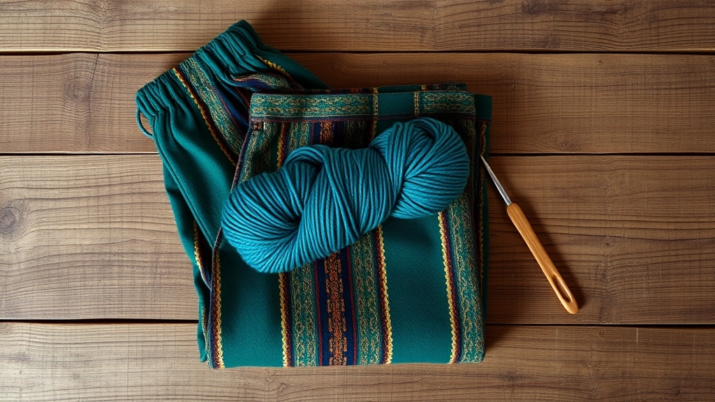 A ball of teal cotton yarn placed next to a bohemian print fabric with matching teal accents.