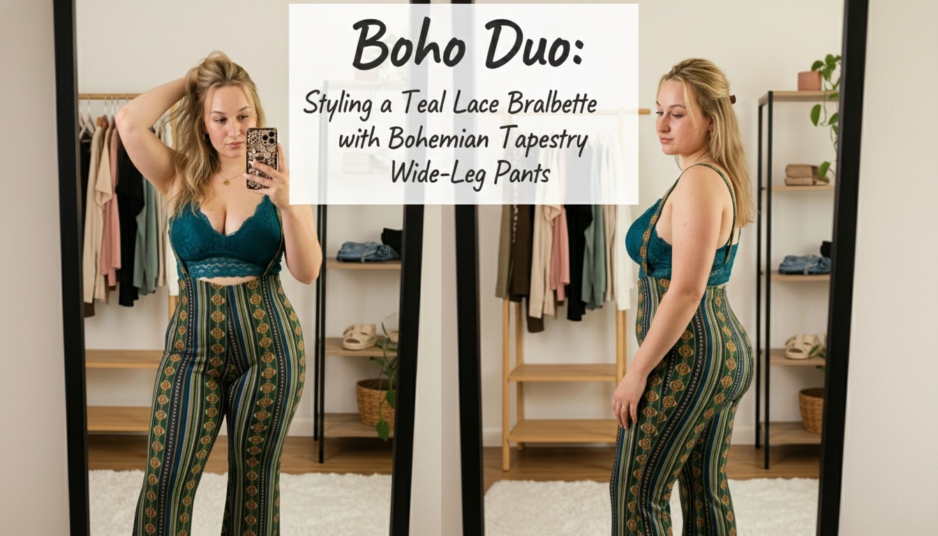 Boho Duo: Styling a Teal Lace Bralette with Bohemian Tapestry Wide-Leg Pants