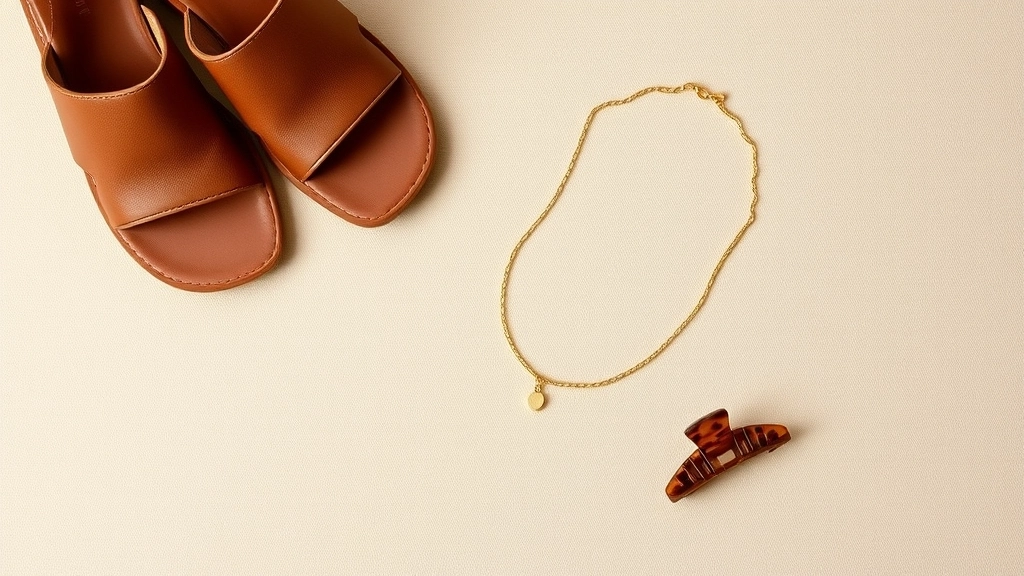 Flat lay of minimalist gold pendant necklace, leather platform sandals, and a tortoiseshell claw clip.