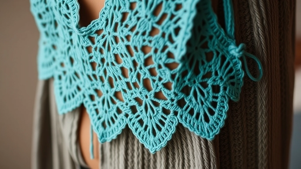 Close-up of a handmade teal cotton lace bralette resting on top of heavy tapestry fabric.