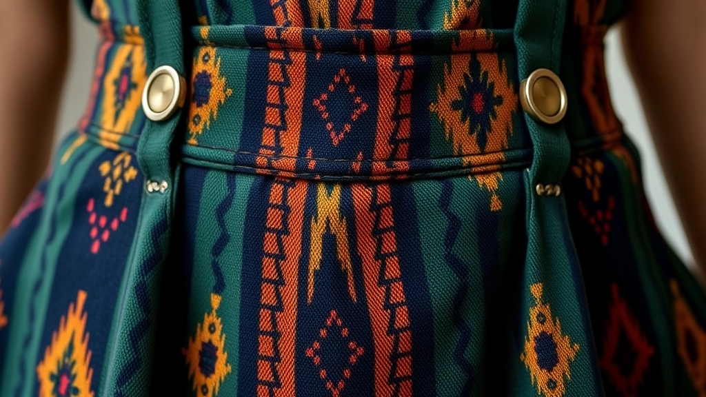 Detailed view of high-waisted wide-leg pants featuring a vertical Aztec-inspired tapestry print.