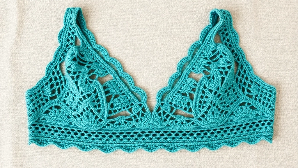Detailed view of a handmade teal lace bralette with a deep-V neckline and scalloped underbust band.