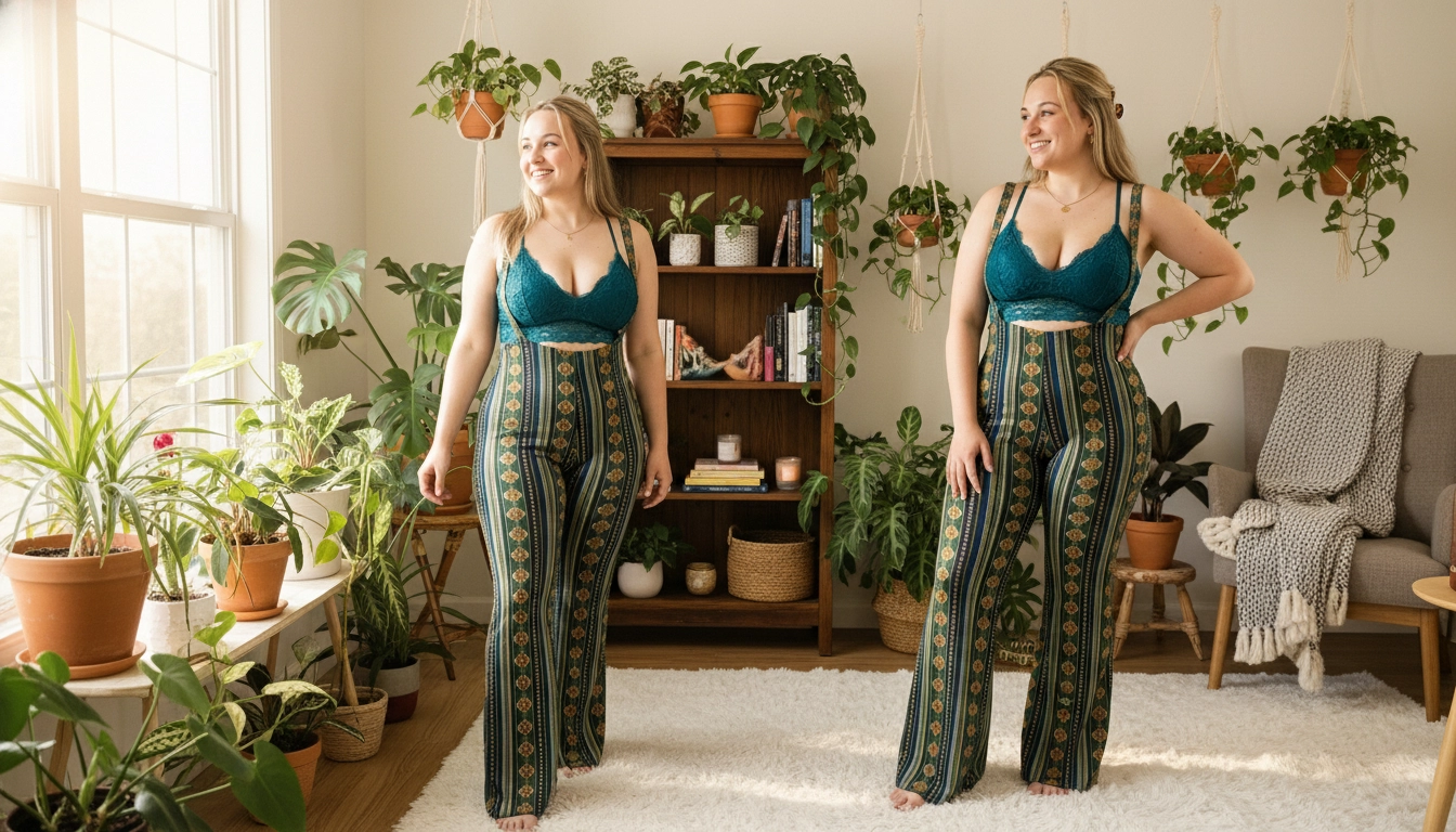 A woman wearing a handmade teal lace bralette and bohemian tapestry pants smiling in a sunlit room.