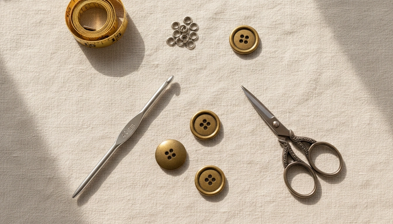A neat flat lay of crochet tools including a 4mm hook, brass buttons, metal eyelets, and teal yarn.