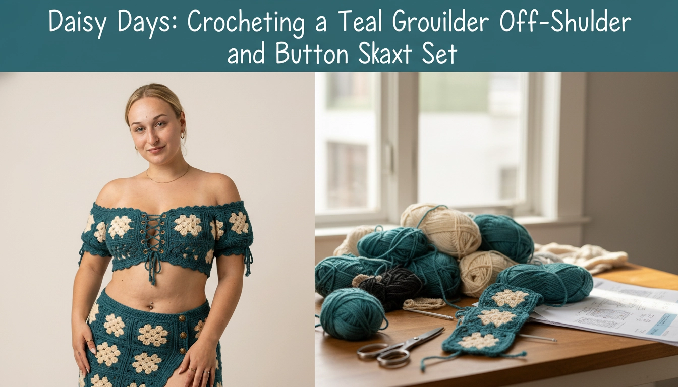 A cozy, homemade photo of a woman modeling the completed Daisy Days: Crocheting a Teal Daisy Granny Square Off-Shoulder Top and Button Maxi Skirt Set in a sunlit room.