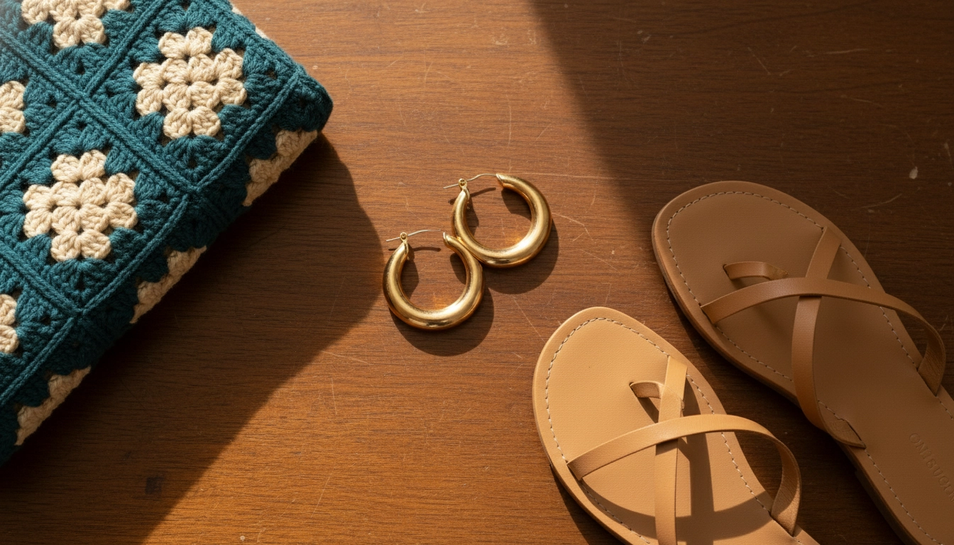 Gold hoop earrings, minimal rings, and tan strappy sandals arranged next to a piece of teal crochet fabric.