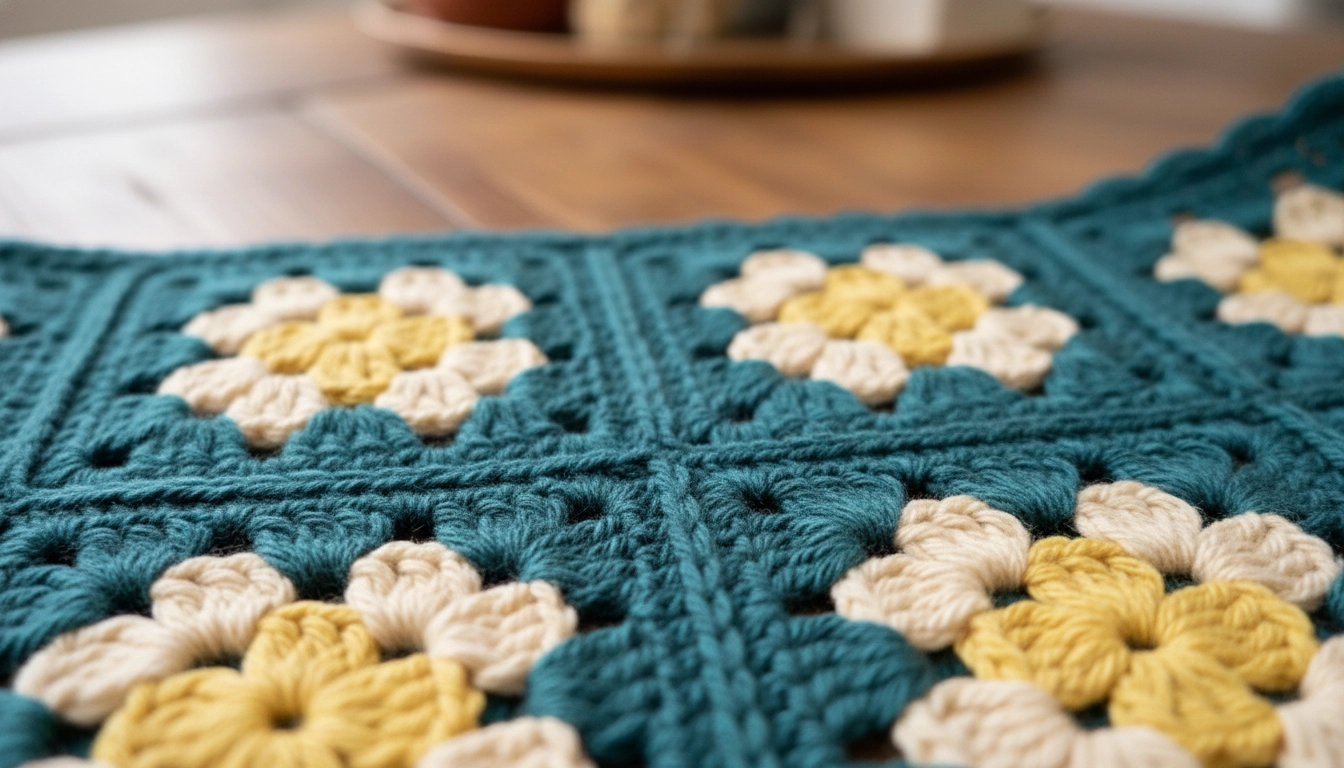 A detailed close-up of joined teal and cream daisy granny squares showing the stitched grid pattern.