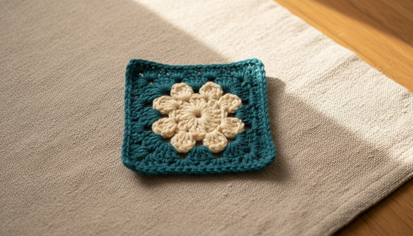 A single, perfectly blocked teal and cream daisy granny square measuring four inches.