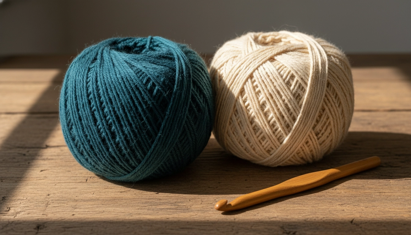 Skeins of high-quality organic cotton yarn in rich teal and soft cream colors.