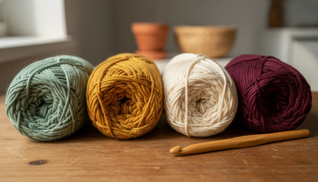Four skeins of matte organic cotton yarn in sage green, mustard, cream, and burgundy, prepared for crocheting a heart motif crop top.