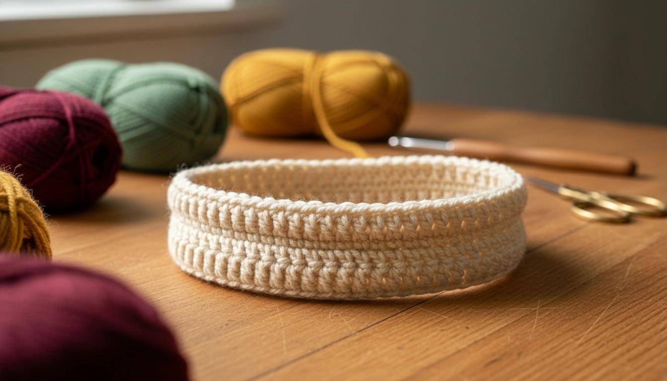 A close-up of a wide, ribbed crochet band worked in the back loops only to create a stretchy, elastic texture.