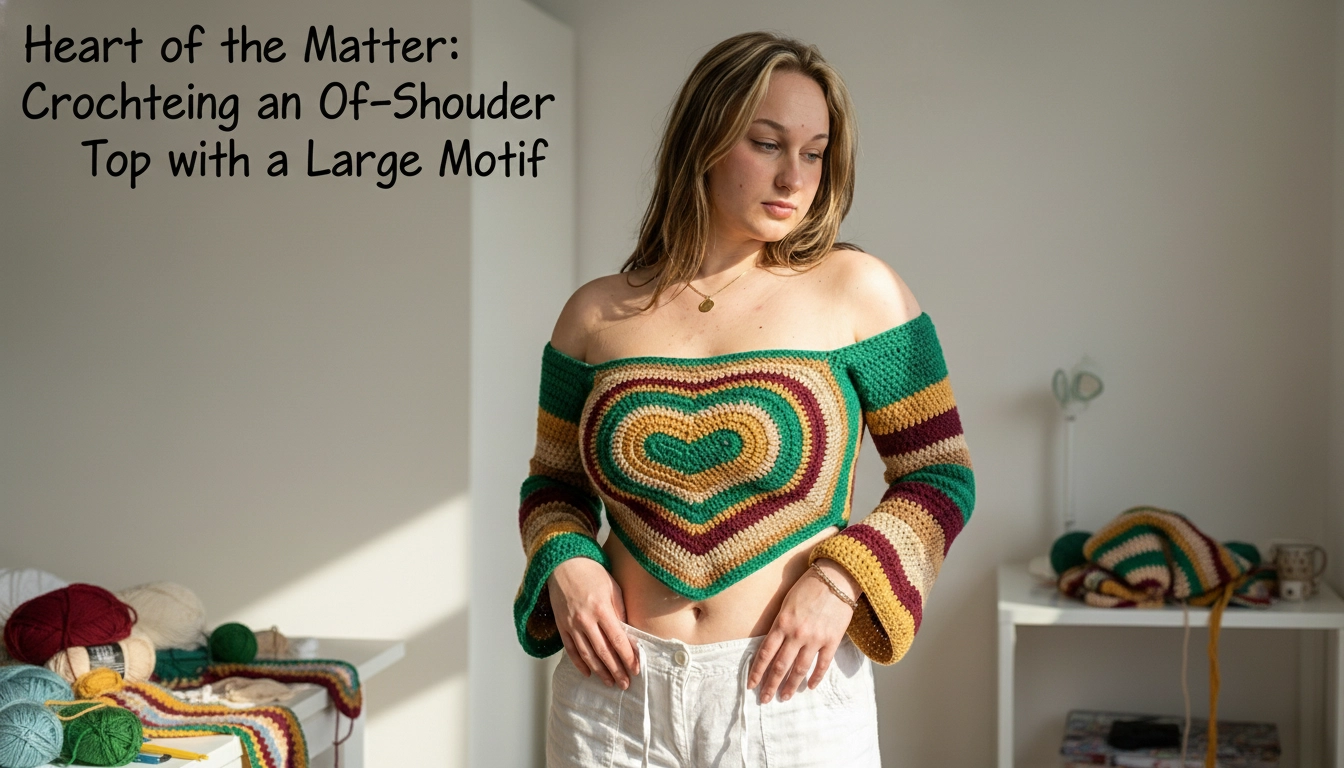 A finished handmade crochet project of the Heart of the Matter: Crocheting an Off-Shoulder Crop Top with a Large Heart Motif, laid flat on a rustic wooden table.