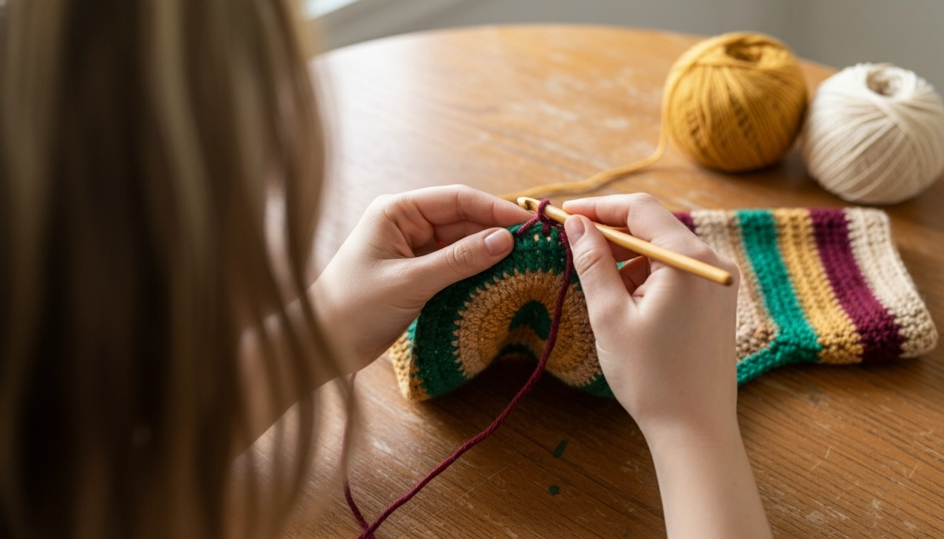 Hands holding a wooden crochet hook and working on the green and burgundy rows of the heart motif crop top.