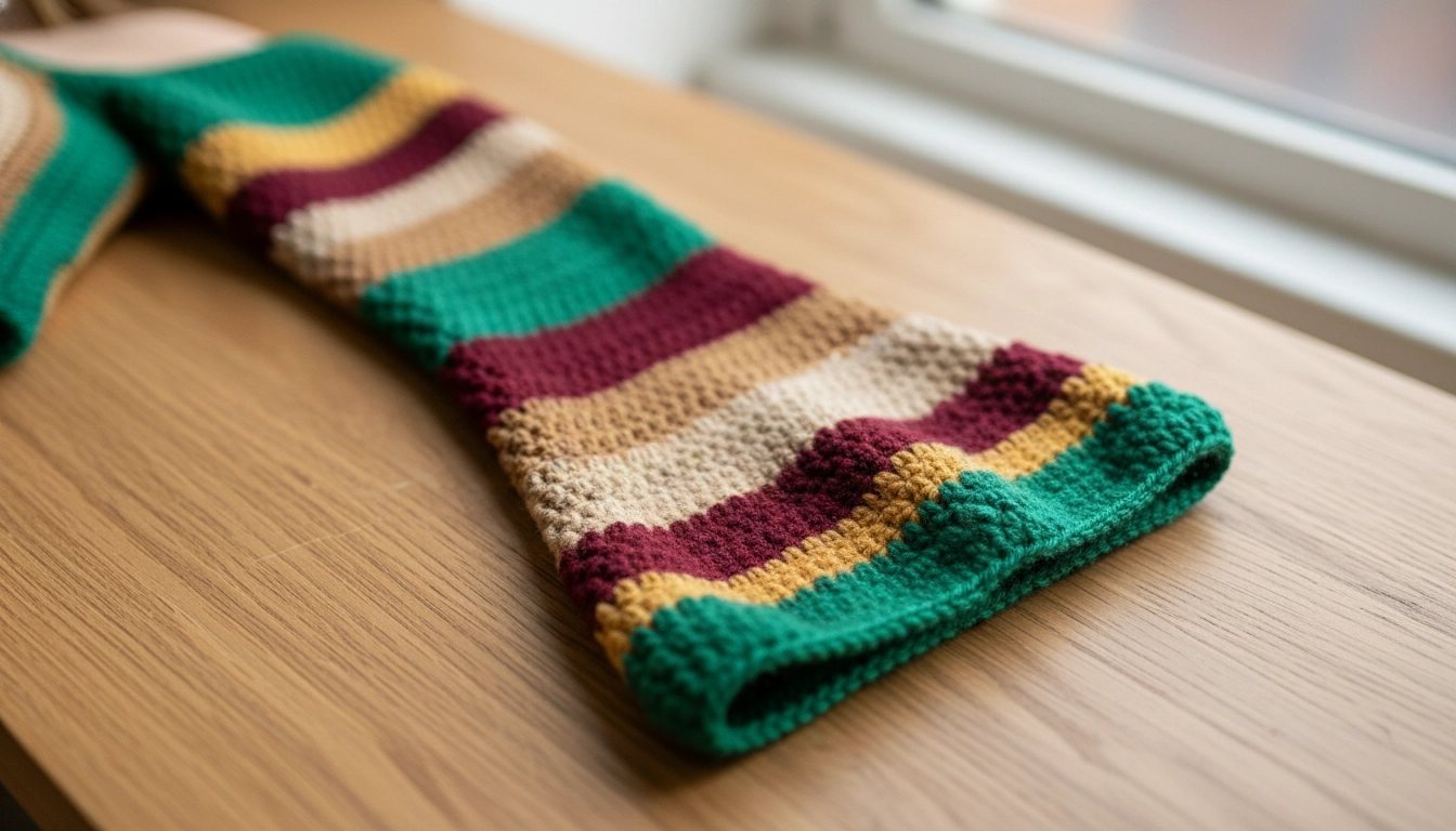 A finished striped crochet sleeve showing a dramatic bell shape with green, mustard, cream, and burgundy stripes.