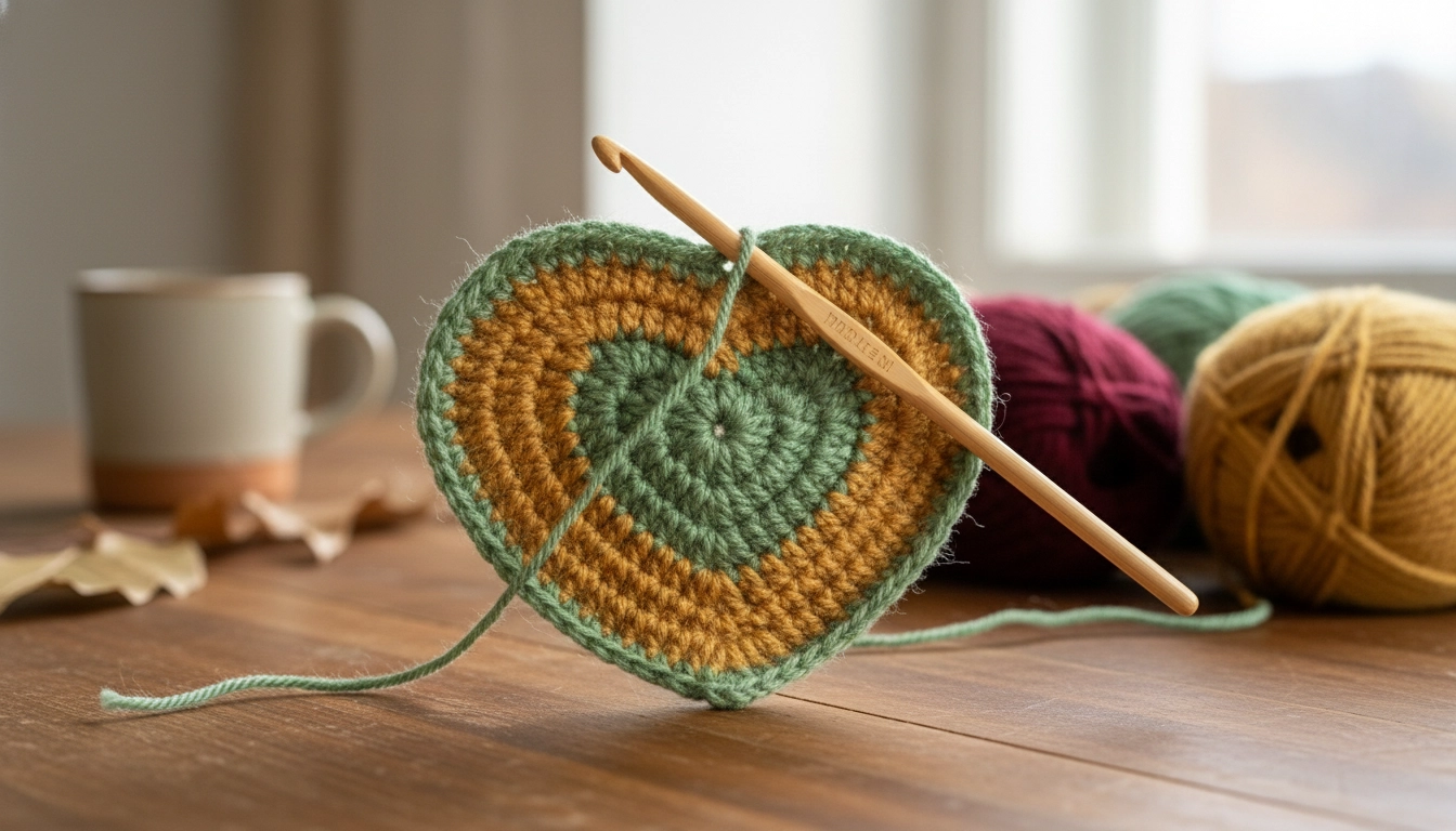 A close-up of a partially crocheted heart motif showing rows of green, mustard, and cream cotton stitches.