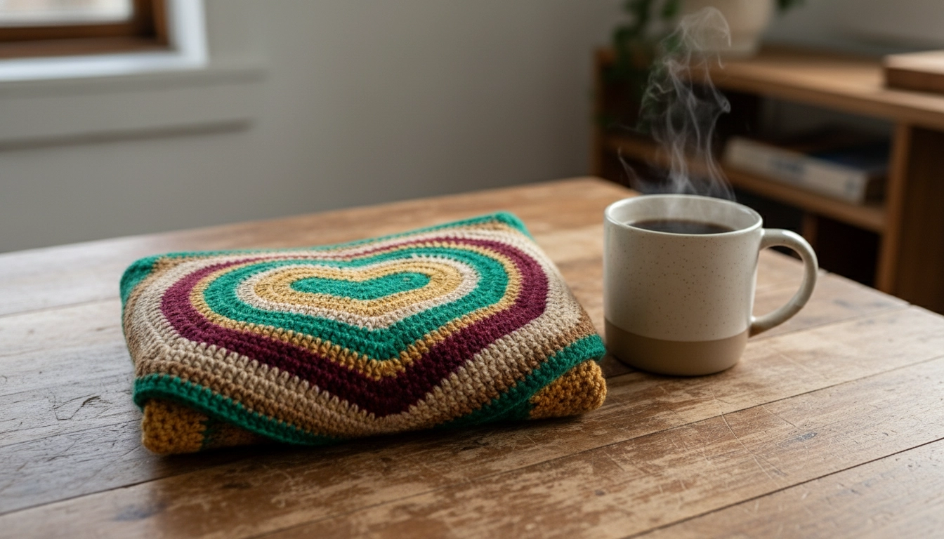 A folded, completed crochet crop top with a visible heart motif, resting next to a cup of coffee on a wooden table.
