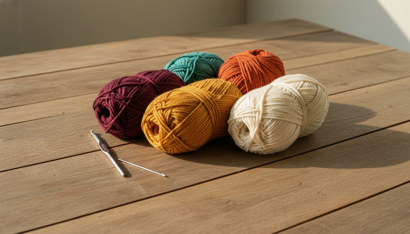 Sport weight organic cotton yarn skeins in burgundy, teal, and orange next to a crochet hook and tapestry needle.