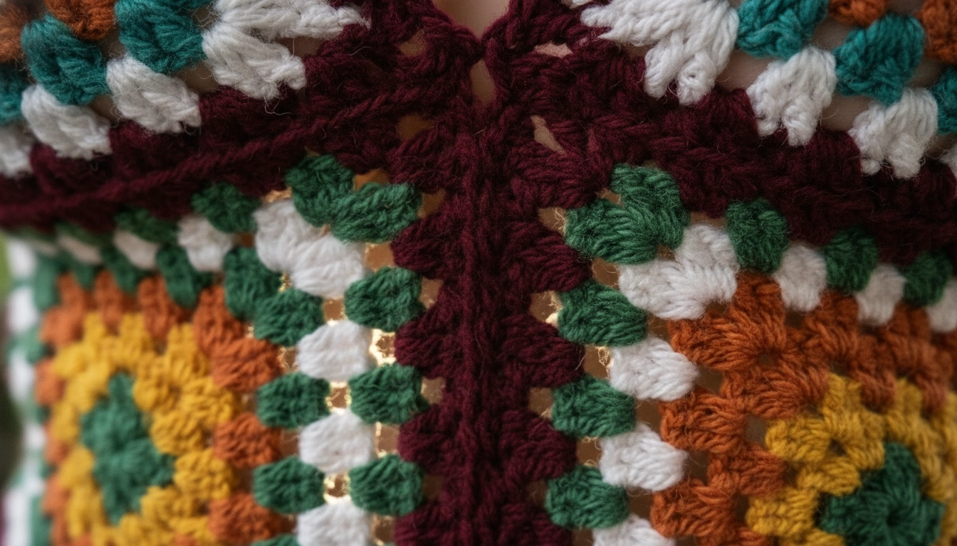 Close-up of the breathable openwork stitches in a burgundy granny square showing organic cotton texture.