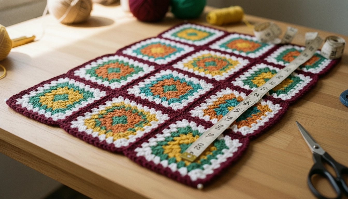 A grid construction layout showing how crochet granny squares form a three-piece Bali Bohemian set.