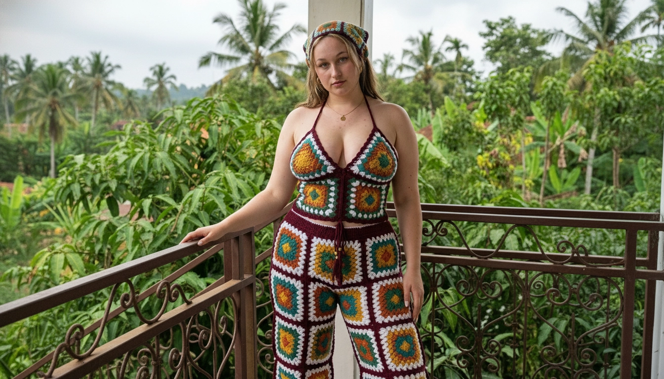 A flat lay of the completed Bali Bohemian: Crocheting a Burgundy Granny Square Halter, Wide-Leg Pants, and Beret Set on a rustic wooden floor.