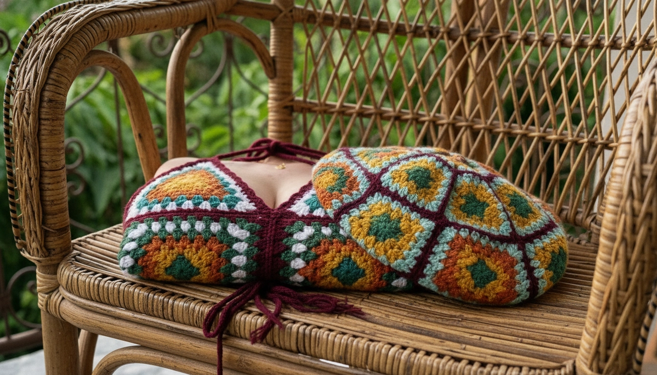 Detail shot of the completed crochet set showing the handmade texture and vibrant colors.