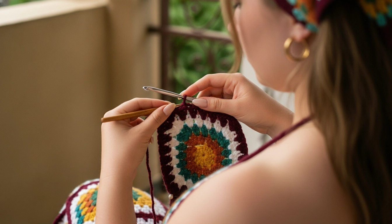 Hands crocheting a colorful granny square with a deep burgundy border.