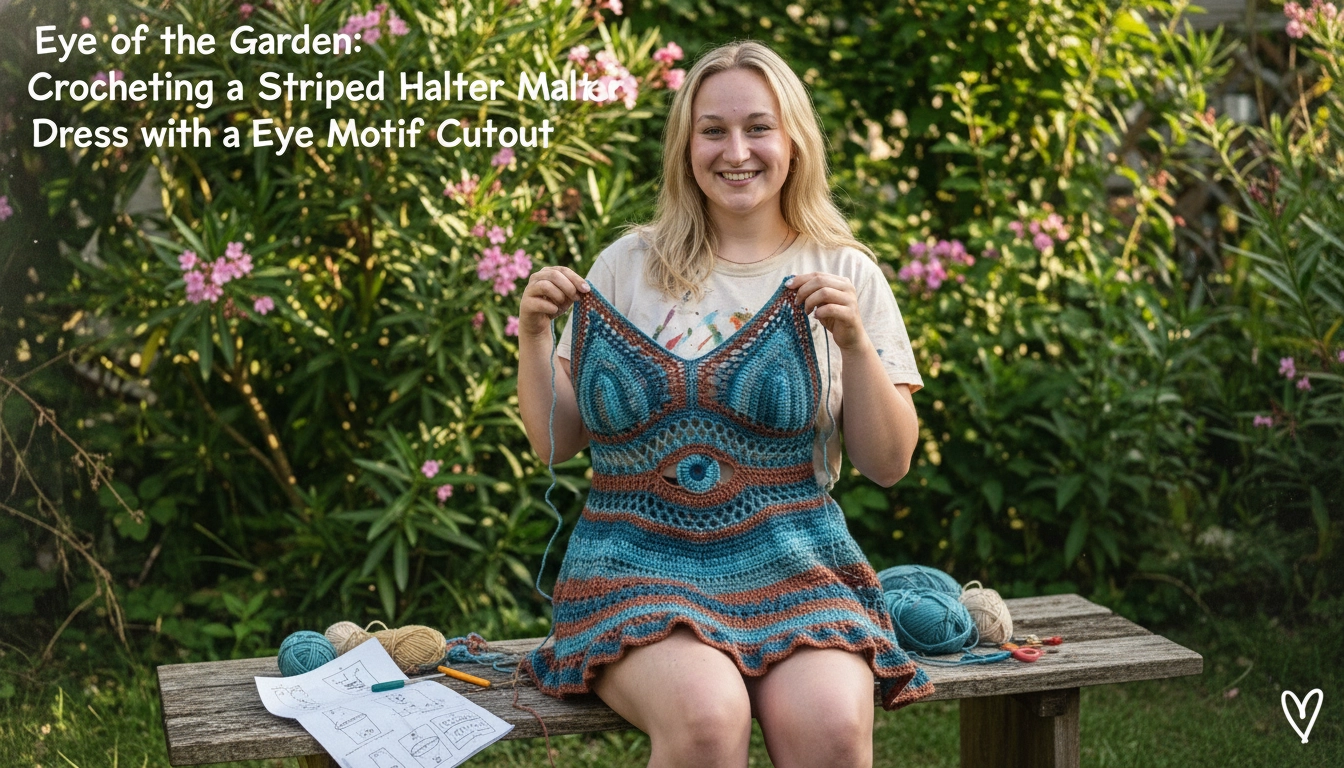 A handmade, slightly imperfect striped halter mini dress laid out on a wooden floor, showcasing the Eye of the Garden: Crocheting a Striped Halter Mini Dress with a Circular Eye Motif Cutout.