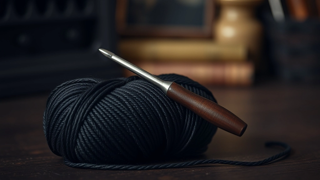 A skein of black mercerized cotton yarn with a subtle sheen next to a 3.25mm crochet hook.
