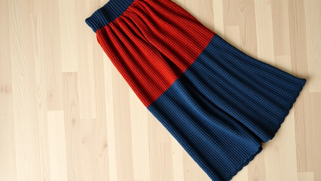 Hand-crocheted wide-leg pants with asymmetrical rust and slate blue panels laid out flat.