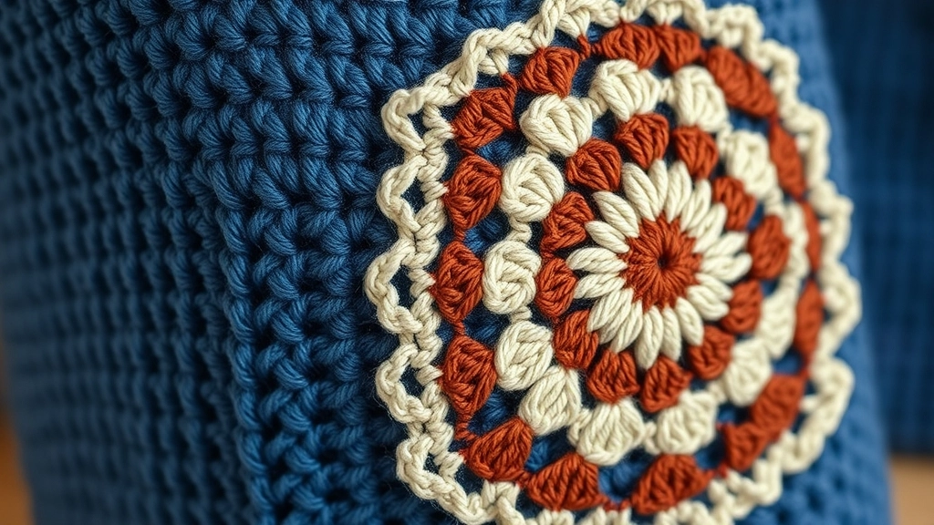 A traditional seventies-style crochet motif square seamed into the knee section of colorblock pants.
