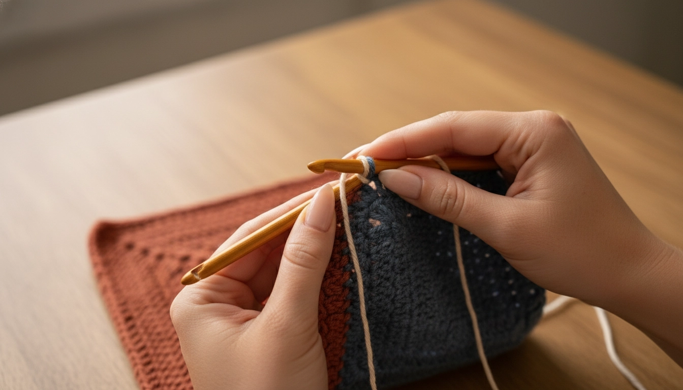 A close-up of hands crocheting a sharp colorblock transition from slate blue to rust cotton yarn.