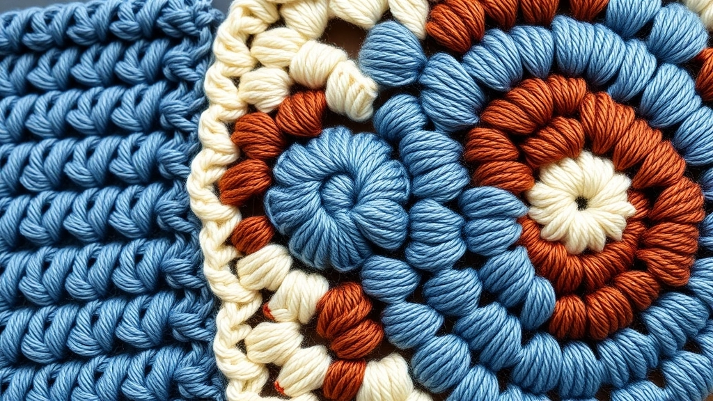 A close-up of an airy crochet motif square seamed next to a solid slate blue colorblock panel.