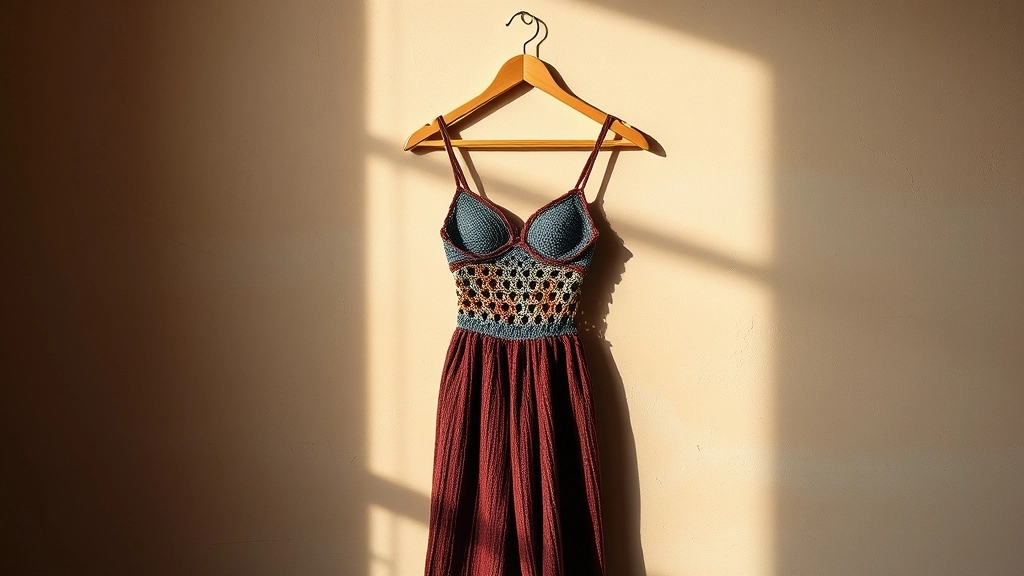 The rust and blue crochet set styled against a warm beige plaster wall in soft, indirect light.