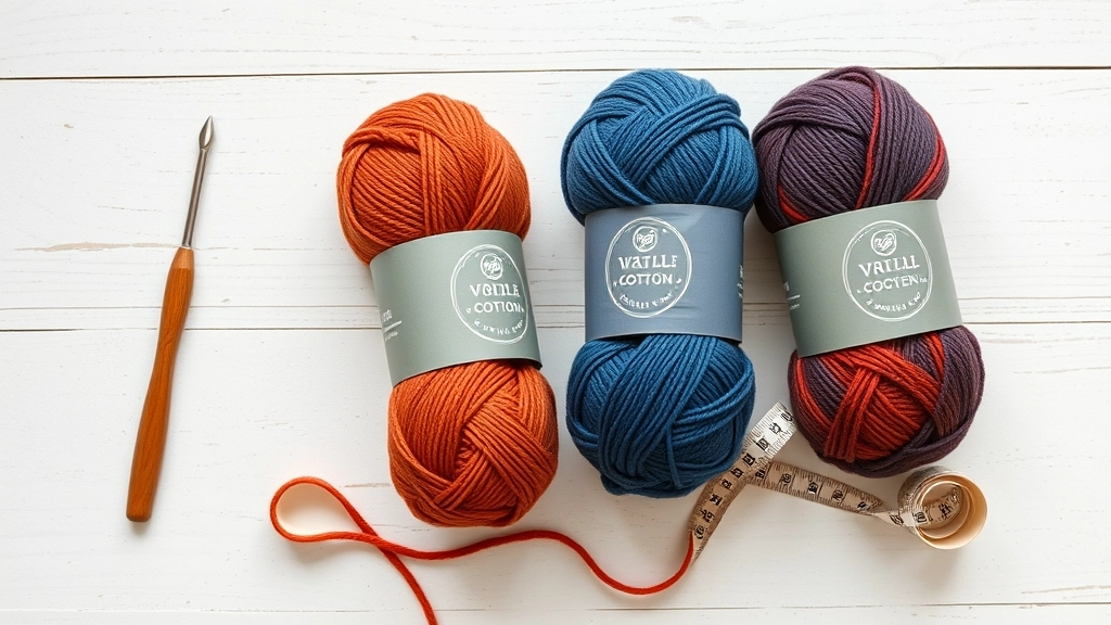 Skeins of worsted weight organic cotton yarn in rust, slate blue, and cream next to a crochet hook.