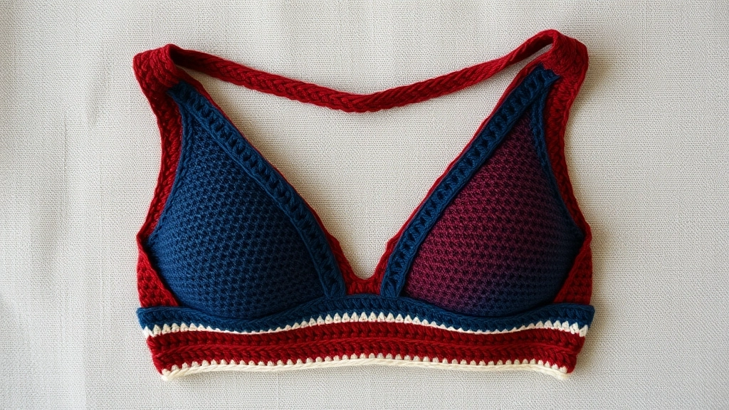 A completed crochet V-neck bralette with rust and blue colorblock cups and a cream accent stripe.