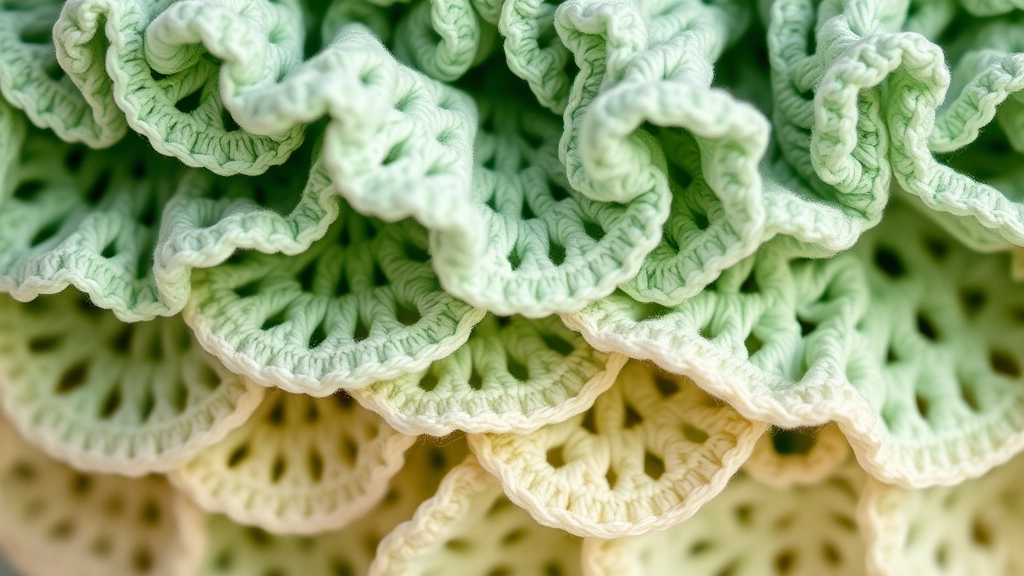 A close-up of the four tiered crochet ruffle layers shifting beautifully from mint to sage with cream-colored edges.