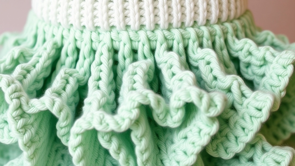 A close-up view showing the structural contrast between a tight white ribbed waistband and the explosive mint-green crochet ruffles of a micro skirt.