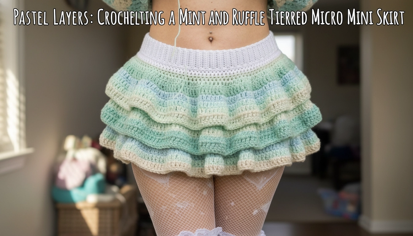 A homemade, amateur-style flat lay of the completed crochet project from Pastel Layers: Crocheting a Mint and Cream Tiered Ruffle Micro Mini Skirt, showing its soft mint, sage, and cream ruffles resting on a cozy wooden floor.