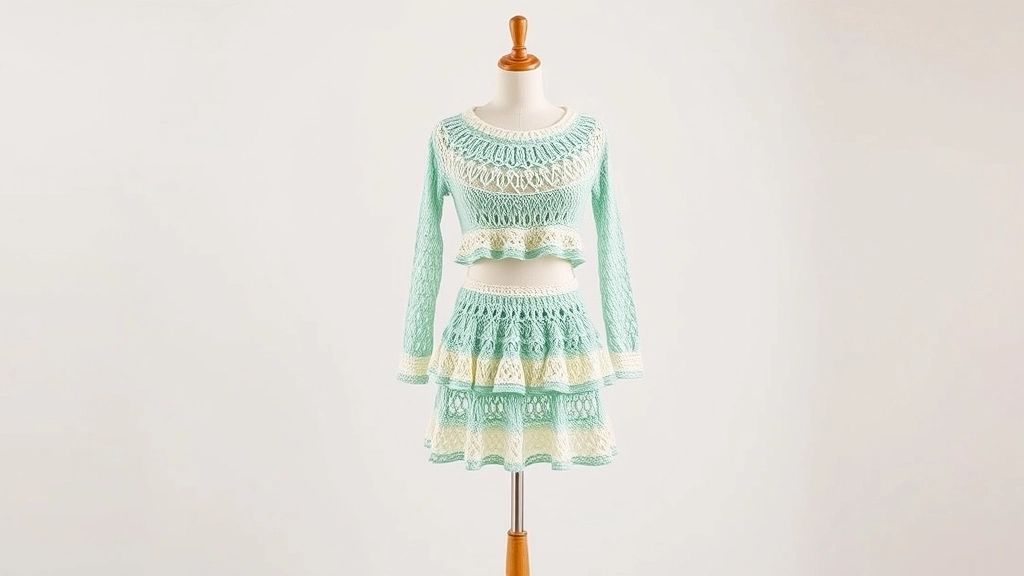 A matching soft-girl crochet set featuring a mint and cream mesh crop top and the tiered ruffle micro mini skirt.