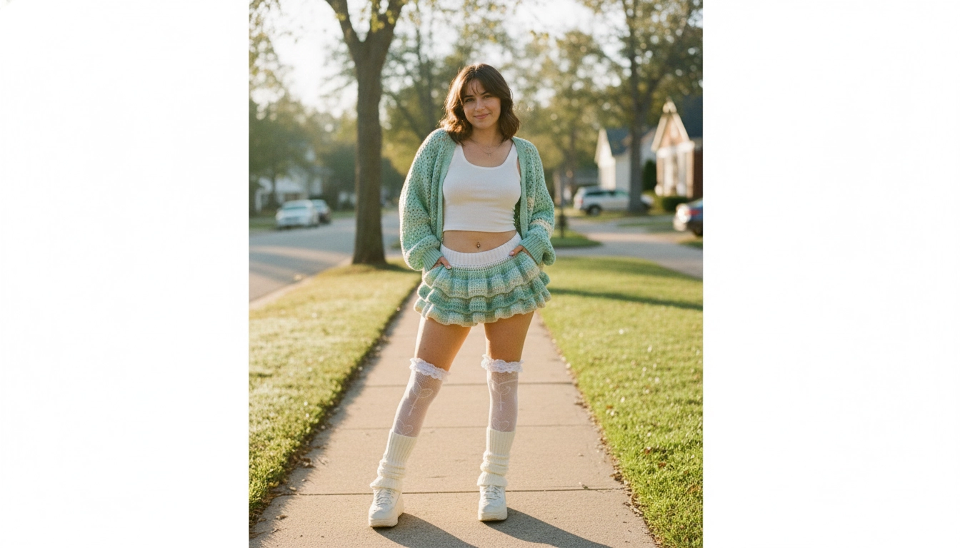 A styled outfit featuring the mint and cream crochet ruffle skirt paired with white lace-cuff knee socks, chunky cream sneakers, and an oversized teal cardigan.