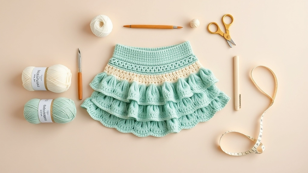 A flat lay of the completed mint and cream tiered crochet skirt surrounded by skeins of white, mint, sage, and cream cotton yarn.